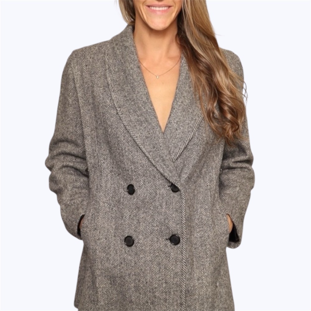 Hermon Kay Blazer Size 16 Herringbone Double Breasted Wool Blend Jacket